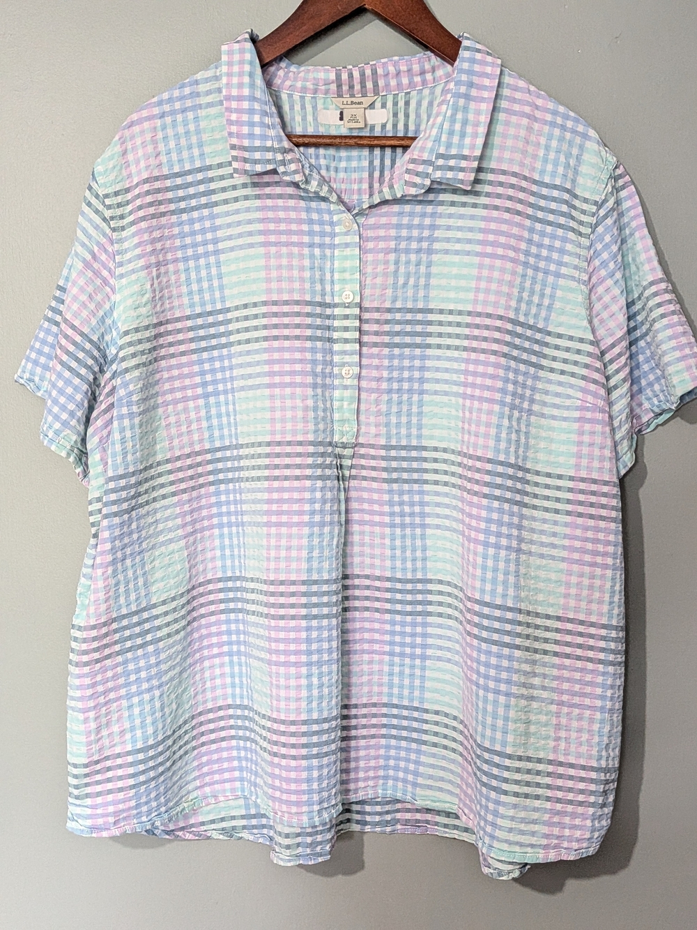 L.L.Bean Women's Vacationland Seersucker Popover Shirt Short-sleeve 90s Grandma